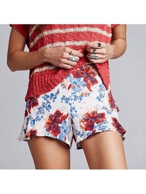 Free People White Floral High-Waist Ruffle Hem Shorts